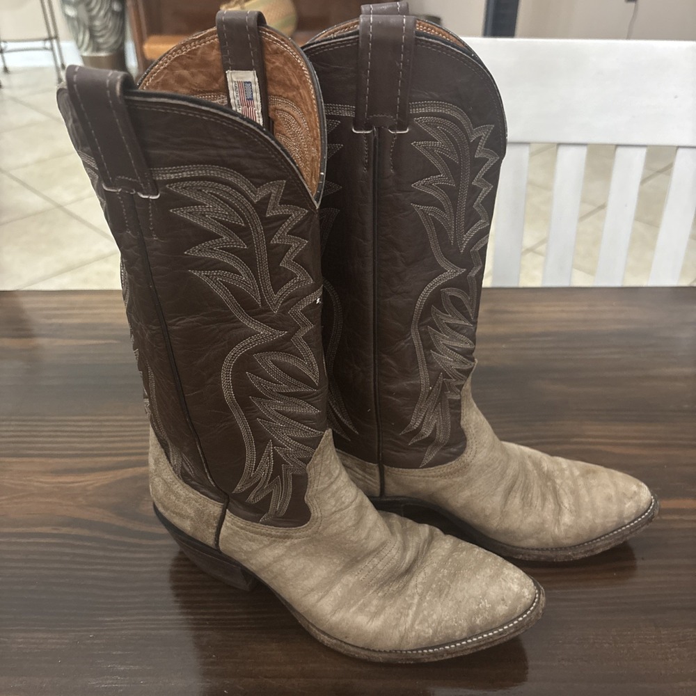 Vintage Nocona Exotic White Bull Hide Western Cowboy Boots 8 D Men USA Red Label